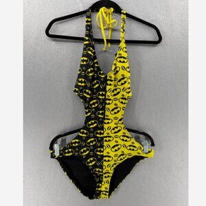 Batman Monokini Swimsuit Womens Size L Yellow Black Sexy Halter One Piece Zip
